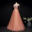 Chic / Beautiful Orange Corset Prom Dresses 2020 A-Line / Princess Spaghetti Straps Sleeveless Appliques Flower Beading Glitter Tulle Floor-Length / Long Ruffle Backless Formal Dresses