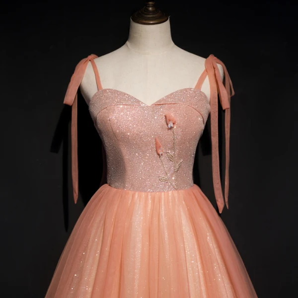 Chic / Beautiful Orange Corset Prom Dresses 2020 A-Line / Princess Spaghetti Straps Sleeveless Appliques Flower Beading Glitter Tulle Floor-Length / Long Ruffle Backless Formal Dresses
