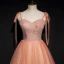 Chic / Beautiful Orange Corset Prom Dresses 2020 A-Line / Princess Spaghetti Straps Sleeveless Appliques Flower Beading Glitter Tulle Floor-Length / Long Ruffle Backless Formal Dresses