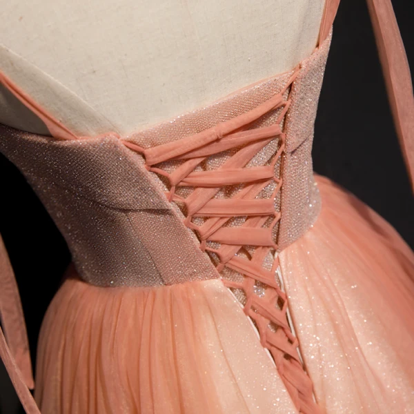 Chic / Beautiful Orange Corset Prom Dresses 2020 A-Line / Princess Spaghetti Straps Sleeveless Appliques Flower Beading Glitter Tulle Floor-Length / Long Ruffle Backless Formal Dresses