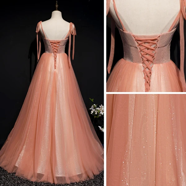 Chic / Beautiful Orange Corset Prom Dresses 2020 A-Line / Princess Spaghetti Straps Sleeveless Appliques Flower Beading Glitter Tulle Floor-Length / Long Ruffle Backless Formal Dresses