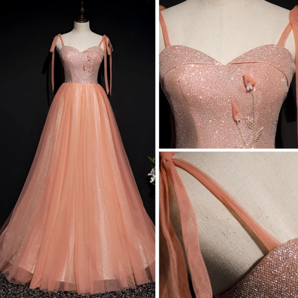 Chic / Beautiful Orange Corset Prom Dresses 2020 A-Line / Princess Spaghetti Straps Sleeveless Appliques Flower Beading Glitter Tulle Floor-Length / Long Ruffle Backless Formal Dresses