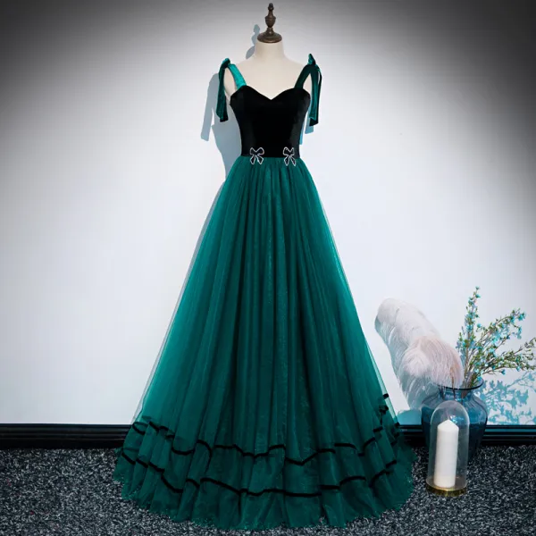 Chic / Beautiful Dark Green Suede Dancing Prom Dresses 2020 A-Line / Princess Shoulders Sleeveless Rhinestone Floor-Length / Long Ruffle Backless Formal Dresses