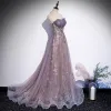 Elegant Purple Evening Dresses  2020 A-Line / Princess Sweetheart Sleeveless Appliques Sequins Glitter Tulle Sweep Train Ruffle Backless Formal Dresses
