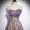Elegant Purple Evening Dresses  2020 A-Line / Princess Sweetheart Sleeveless Appliques Sequins Glitter Tulle Sweep Train Ruffle Backless Formal Dresses