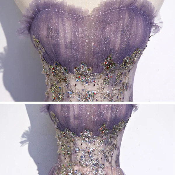 Elegant Purple Selskapskjoler 2020 Prinsesse Kjæreste Uten Ermer Appliques Paljetter Glitter Tyll Feie Tog Buste Ryggløse Formelle Kjoler