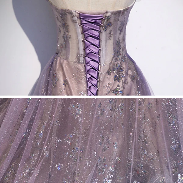 Elegant Purple Selskapskjoler 2020 Prinsesse Kjæreste Uten Ermer Appliques Paljetter Glitter Tyll Feie Tog Buste Ryggløse Formelle Kjoler
