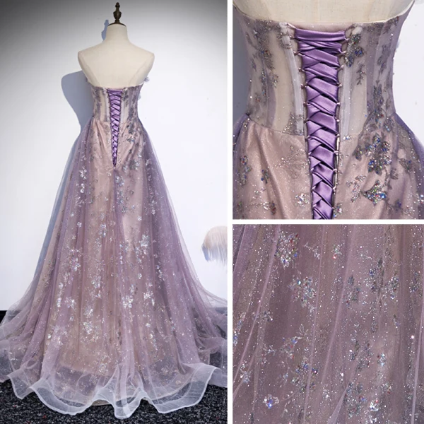 Elegant Purple Selskapskjoler 2020 Prinsesse Kjæreste Uten Ermer Appliques Paljetter Glitter Tyll Feie Tog Buste Ryggløse Formelle Kjoler