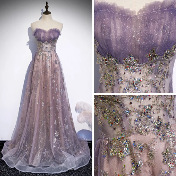 Elegant Purple Selskapskjoler 2020 Prinsesse Kjæreste Uten Ermer Appliques Paljetter Glitter Tyll Feie Tog Buste Ryggløse Formelle Kjoler