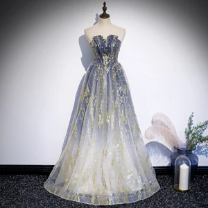 Beste Kongeblå Gradient Farge Hvit Dancing Ballkjoler 2020 Prinsesse Strapless Uten Ermer Beading Glitter Tyll Lange Ryggløse Formelle Kjoler