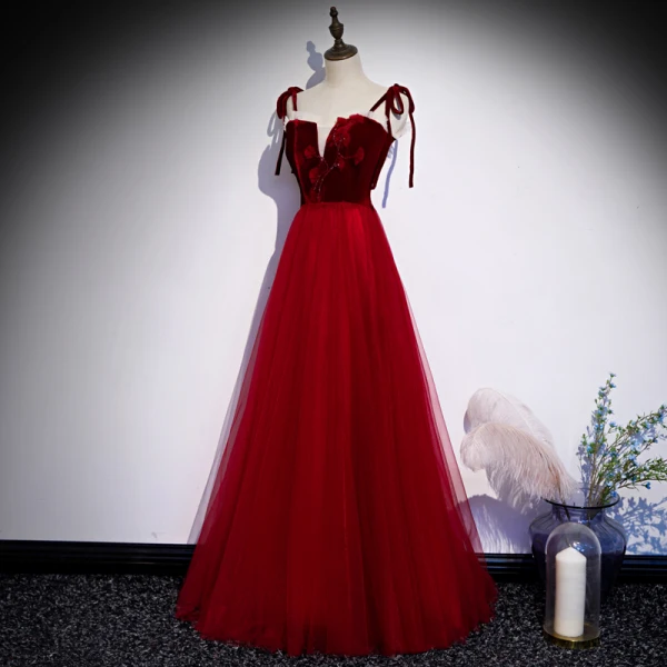 Chic / Beautiful Red Evening Dresses 2020 A-Line / Princess Spaghetti Straps Sleeveless Appliques Flower Beading Floor-Length / Long Ruffle Backless Formal Dresses