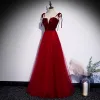 Chic / Beautiful Red Evening Dresses  2020 A-Line / Princess Spaghetti Straps Sleeveless Appliques Flower Beading Floor-Length / Long Ruffle Backless Formal Dresses