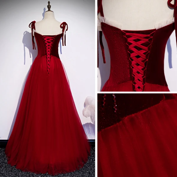 Chic / Beautiful Red Evening Dresses 2020 A-Line / Princess Spaghetti Straps Sleeveless Appliques Flower Beading Floor-Length / Long Ruffle Backless Formal Dresses