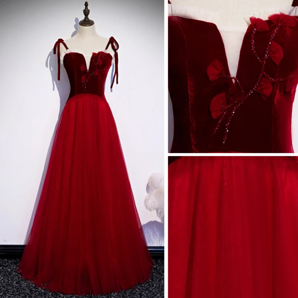 Chic / Beautiful Red Evening Dresses 2020 A-Line / Princess Spaghetti Straps Sleeveless Appliques Flower Beading Floor-Length / Long Ruffle Backless Formal Dresses