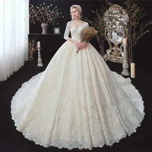 Classic Champagne Winter Wedding Dresses 2020 Ball Gown See Through Scoop Neck 3 4 Sleeve Backless Appliques Lace Beading Cathedral Train Ruffle