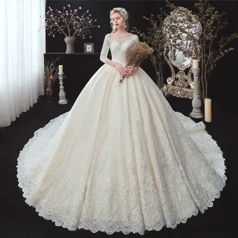 Classic Champagne Winter Wedding Dresses 2020 Ball Gown See Through Scoop Neck 3 4 Sleeve Backless Appliques Lace Beading Cathedral Train Ruffle