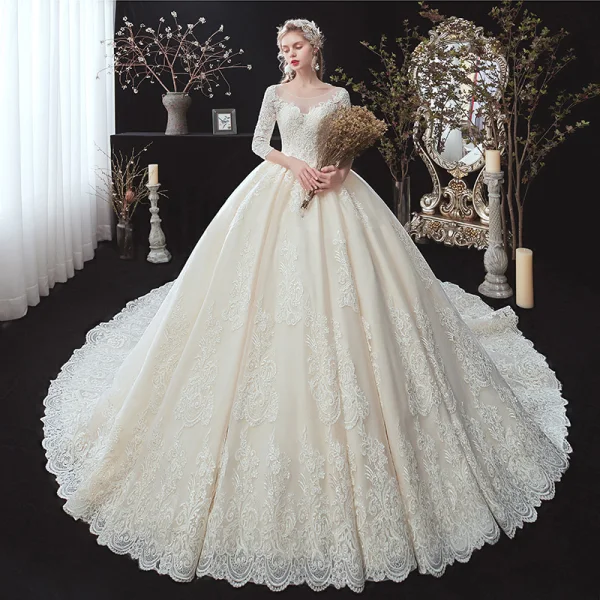 navy blue dress for baby girl Classic Champagne Winter Wedding Dresses 2020 Ball Gown See Through Scoop  Neck 3 4 Sleeve Backless Appliques Lace Beading Cathedral Train Ruffle