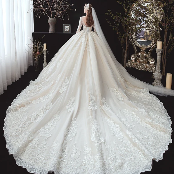 Classic Champagne Winter Wedding Dresses 2020 Ball Gown See-through Scoop Neck 3/4 Sleeve Backless Appliques Lace Beading Cathedral Train Ruffle