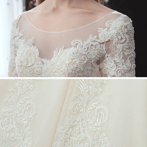 Classic Champagne Winter Wedding Dresses 2020 Ball Gown See-through Scoop Neck 3/4 Sleeve Backless Appliques Lace Beading Cathedral Train Ruffle