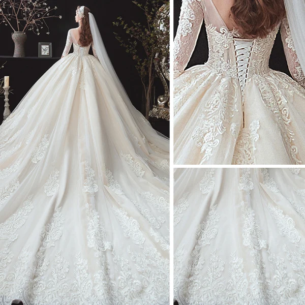 Classic Champagne Winter Wedding Dresses 2020 Ball Gown See-through Scoop Neck 3/4 Sleeve Backless Appliques Lace Beading Cathedral Train Ruffle