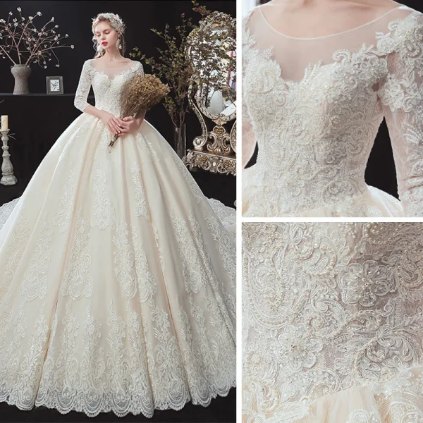 Classic Champagne Winter Wedding Dresses 2020 Ball Gown See-through Scoop Neck 3/4 Sleeve Backless Appliques Lace Beading Cathedral Train Ruffle