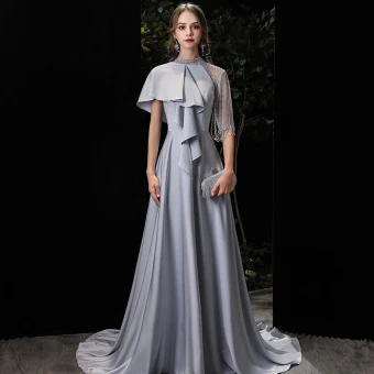 Fashion Silver Charmeuse Evening Dresses 2020 A Line Princess High Neck 1 2 Sleeves Beading Sweep Train Ruffle Formal Dresses