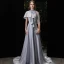 Fashion Silver Charmeuse Evening Dresses  2020 A-Line / Princess High Neck 1/2 Sleeves Beading Sweep Train Ruffle Formal Dresses