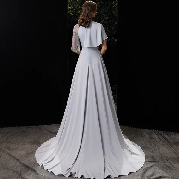 Fashion Silver Charmeuse Evening Dresses  2020 A-Line / Princess High Neck 1/2 Sleeves Beading Sweep Train Ruffle Formal Dresses