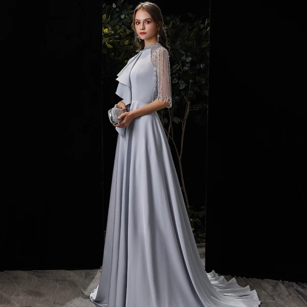 Fashion Silver Charmeuse Evening Dresses  2020 A-Line / Princess High Neck 1/2 Sleeves Beading Sweep Train Ruffle Formal Dresses