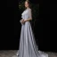Fashion Silver Charmeuse Evening Dresses  2020 A-Line / Princess High Neck 1/2 Sleeves Beading Sweep Train Ruffle Formal Dresses