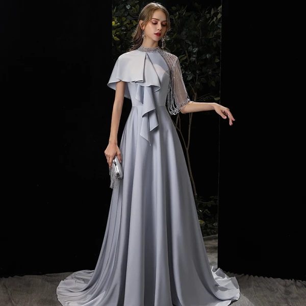 Fashion Silver Charmeuse Evening Dresses  2020 A-Line / Princess High Neck 1/2 Sleeves Beading Sweep Train Ruffle Formal Dresses