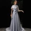 Fashion Silver Charmeuse Evening Dresses  2020 A-Line / Princess High Neck 1/2 Sleeves Beading Sweep Train Ruffle Formal Dresses