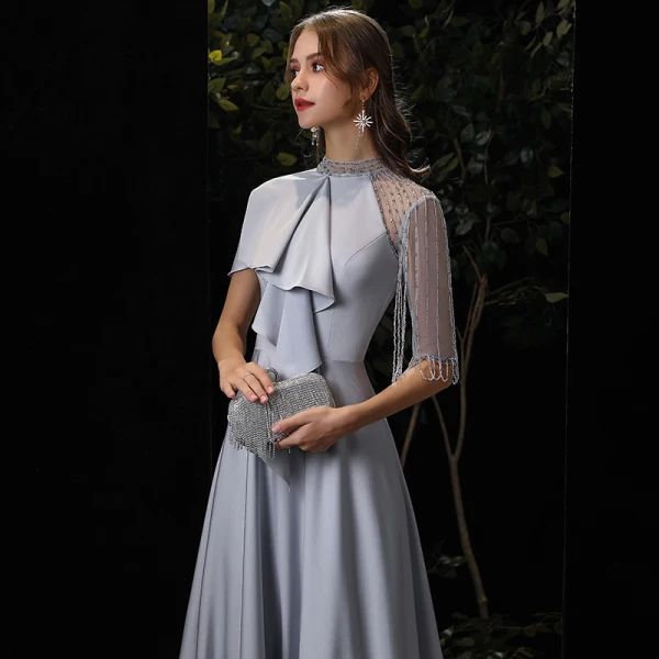 Fashion Silver Charmeuse Evening Dresses  2020 A-Line / Princess High Neck 1/2 Sleeves Beading Sweep Train Ruffle Formal Dresses
