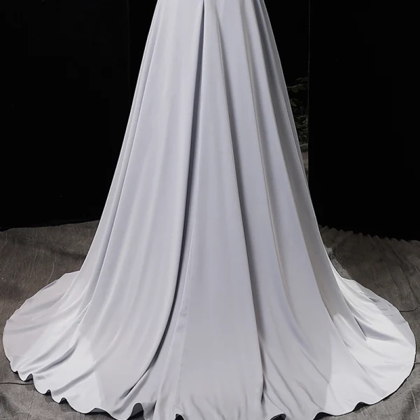 Fashion Silver Charmeuse Evening Dresses  2020 A-Line / Princess High Neck 1/2 Sleeves Beading Sweep Train Ruffle Formal Dresses