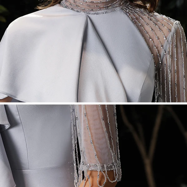 Fashion Silver Charmeuse Evening Dresses  2020 A-Line / Princess High Neck 1/2 Sleeves Beading Sweep Train Ruffle Formal Dresses