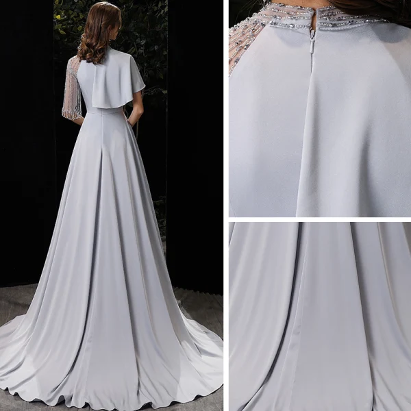Fashion Silver Charmeuse Evening Dresses  2020 A-Line / Princess High Neck 1/2 Sleeves Beading Sweep Train Ruffle Formal Dresses
