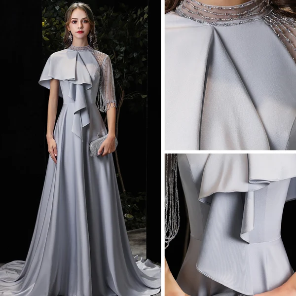 Fashion Silver Charmeuse Evening Dresses  2020 A-Line / Princess High Neck 1/2 Sleeves Beading Sweep Train Ruffle Formal Dresses