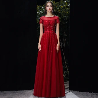 Chic Belle Rouge Transparentes Robe De Soirée 2020 Princesse Encolure Dégagée Manches Courtes Paillettes Perlage Longue Volants Robe De Ceremonie