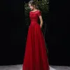 Chic / Beautiful Red See-through Evening Dresses  2020 A-Line / Princess Scoop Neck Short Sleeve Sequins Beading Floor-Length / Long Ruffle Formal Dresses