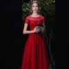 Chic / Beautiful Red See-through Evening Dresses  2020 A-Line / Princess Scoop Neck Short Sleeve Sequins Beading Floor-Length / Long Ruffle Formal Dresses