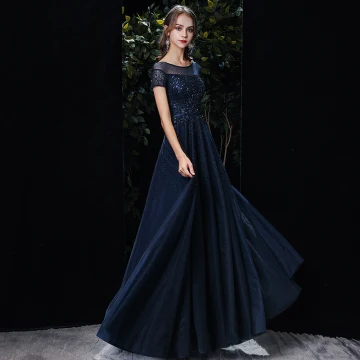 Chic Belle Bleu Marine Transparentes Robe De Soirée 2020 Princesse Encolure Dégagée Manches Courtes Paillettes Perlage Ceinture Longue Volants Dos Nu Robe De Ceremonie