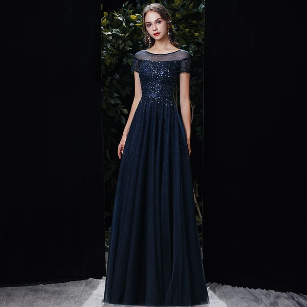 Chic / Belle Bleu Marine Transparentes Robe De Soirée 2020 Princesse Encolure Dégagée Manches Courtes Paillettes Perlage Ceinture Longue Volants Dos Nu Robe De Ceremonie