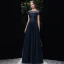 Chic / Belle Bleu Marine Transparentes Robe De Soirée 2020 Princesse Encolure Dégagée Manches Courtes Paillettes Perlage Ceinture Longue Volants Dos Nu Robe De Ceremonie