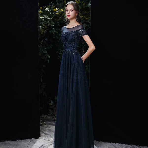 Chic / Belle Bleu Marine Transparentes Robe De Soirée 2020 Princesse Encolure Dégagée Manches Courtes Paillettes Perlage Ceinture Longue Volants Dos Nu Robe De Ceremonie