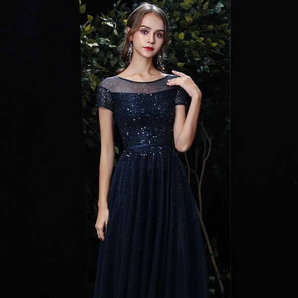 Chic / Belle Bleu Marine Transparentes Robe De Soirée 2020 Princesse Encolure Dégagée Manches Courtes Paillettes Perlage Ceinture Longue Volants Dos Nu Robe De Ceremonie