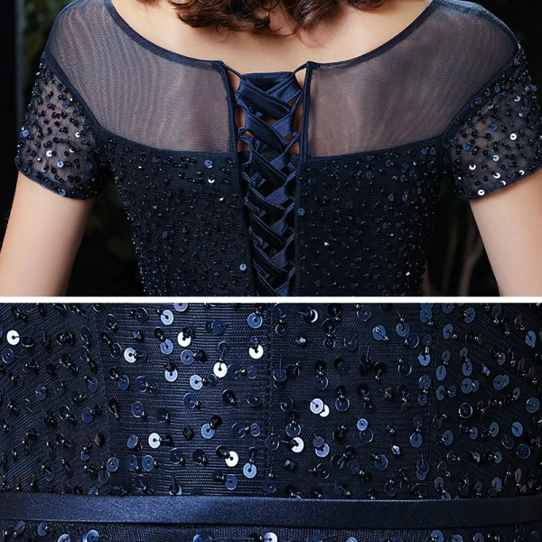 Chic / Belle Bleu Marine Transparentes Robe De Soirée 2020 Princesse Encolure Dégagée Manches Courtes Paillettes Perlage Ceinture Longue Volants Dos Nu Robe De Ceremonie