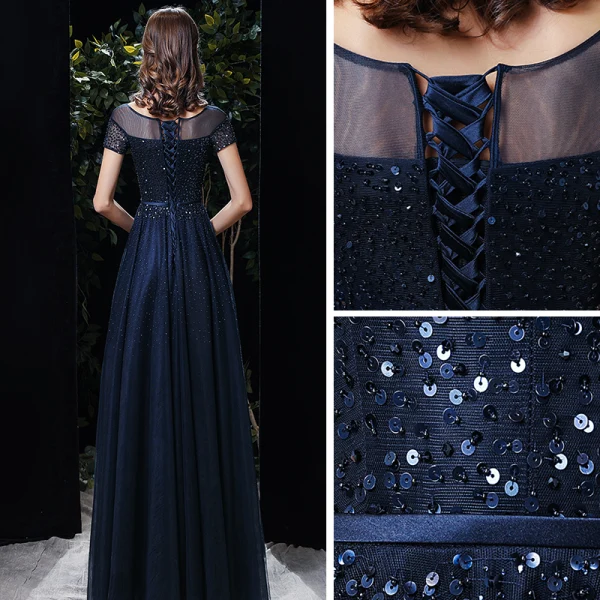 Chic / Belle Bleu Marine Transparentes Robe De Soirée 2020 Princesse Encolure Dégagée Manches Courtes Paillettes Perlage Ceinture Longue Volants Dos Nu Robe De Ceremonie