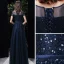 Chic / Belle Bleu Marine Transparentes Robe De Soirée 2020 Princesse Encolure Dégagée Manches Courtes Paillettes Perlage Ceinture Longue Volants Dos Nu Robe De Ceremonie