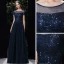 Chic / Belle Bleu Marine Transparentes Robe De Soirée 2020 Princesse Encolure Dégagée Manches Courtes Paillettes Perlage Ceinture Longue Volants Dos Nu Robe De Ceremonie