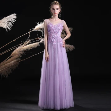 Elegant Lilac See Through Evening Dresses 2018 A Line Princess V Neck Sleeveless Appliques Lace Beading Pearl Floor Length Long Ruffle Backless Formal Dresses